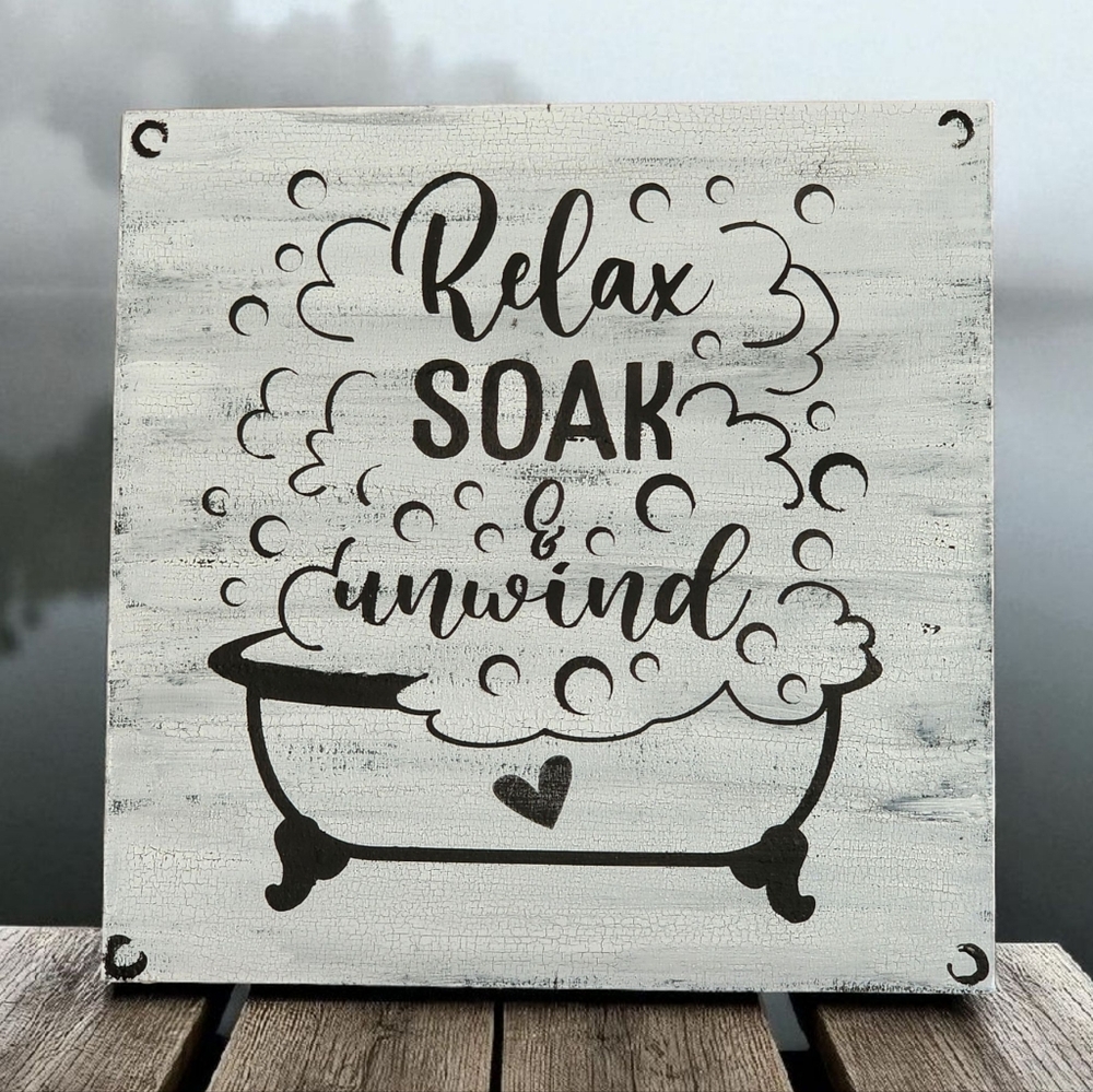 Handpainted Bathroom Sign RELAX SOAK & UNWIND Birch Wood Decor